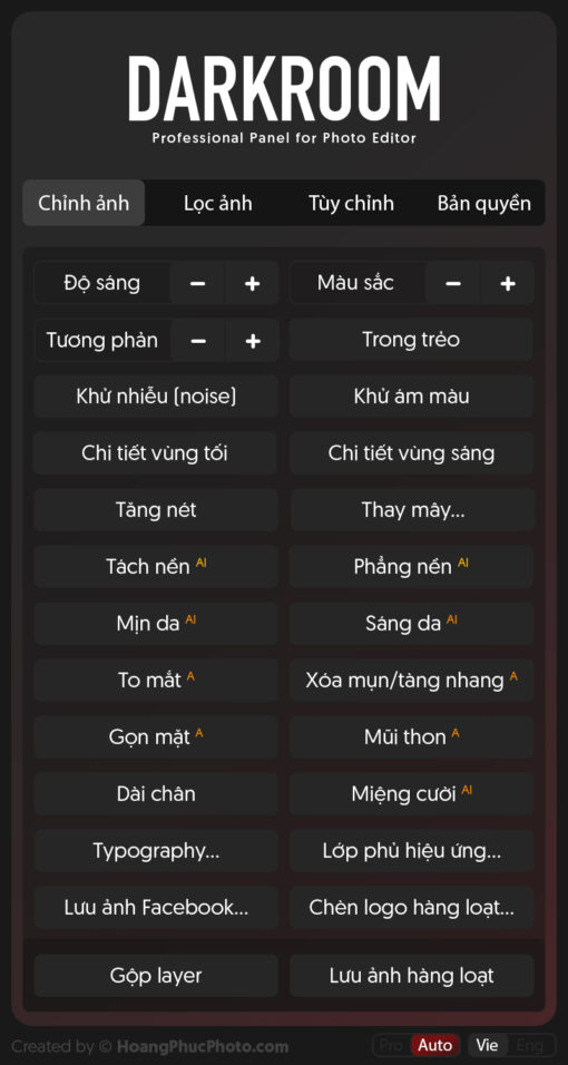 0 Auto mode Panel DARKROOM - hỗ trợ chỉnh ảnh tự động cho dân chuyên nghiệp