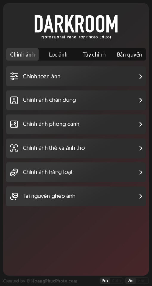 1 trang chu Panel DARKROOM - hỗ trợ chỉnh ảnh tự động cho dân chuyên nghiệp
