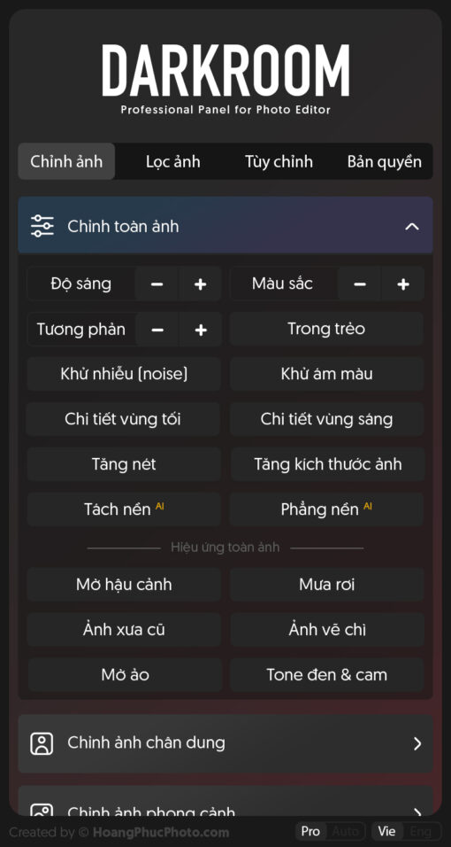 2 chinh toan anh Panel DARKROOM - hỗ trợ chỉnh ảnh tự động cho dân chuyên nghiệp